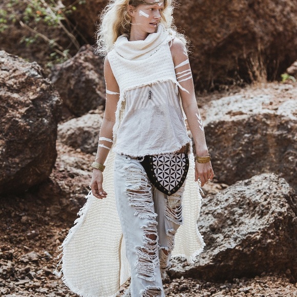 Chintamani Alchemi Sweaters - Boho raw organic cotton cape/bolero top/ long tail vest